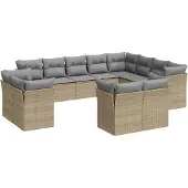 vidaXL 12-tlg. Garten-Sofagarnitur mit Kissen Beige Poly Rattan
