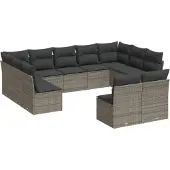 vidaXL 11-tlg. Garten-Sofagarnitur mit Kissen Grau Poly Rattan