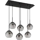 Globo Lighting Hängeleuchte Metall schwarz matt, Glaskugeln rauchfarben, klar verlaufend, Glaskristalle klar, Kabel Textil schwarz, LxBxH: 900x380x1200mm, exkl. 6x E27 40W 230V