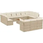 vidaXL 14-tlg. Garten-Sofagarnitur mit Kissen Beige Poly Rattan