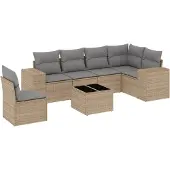 vidaXL 7-tlg. Garten-Sofagarnitur mit Kissen Beige Poly Rattan