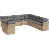 vidaXL 11-tlg. Garten-Sofagarnitur mit Kissen Beige Poly Rattan