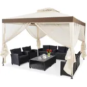 Costway Pavillon 3 x 3 x 2,65 m, Partyzelt Gartenpavillon wasserabweisend, Gartenzelt mit 4 Seitenwänden & Moskitonetz, Festzelt UV-Schutz 50+ Beige