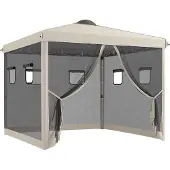 Outsunny Faltpavillon ca. 3x3m Pavillon mit 4 Netzvorhängen, UV-Schutz, Beige