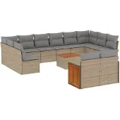 vidaXL 13-tlg. Garten-Sofagarnitur mit Kissen Beige Poly Rattan