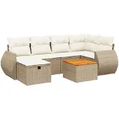 vidaXL 7-tlg. Garten-Sofagarnitur mit Kissen Beige Poly Rattan