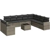 vidaXL 11-tlg. Garten-Sofagarnitur mit Kissen Grau Poly Rattan
