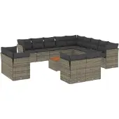 vidaXL 14-tlg. Garten-Sofagarnitur mit Kissen Grau Poly Rattan