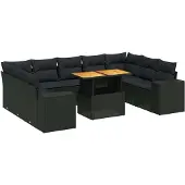 vidaXL 10-tlg. Garten-Sofagarnitur mit Kissen Schwarz Poly Rattan