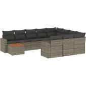 vidaXL 11-tlg. Garten-Sofagarnitur mit Kissen Grau Poly Rattan
