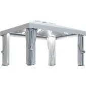 Syfax Pavillon mit Vorhängen & LED-Lichterketten 4x3 m Cremeweiß
