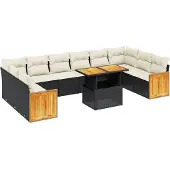 vidaXL 11-tlg. Garten-Sofagarnitur mit Kissen Schwarz Poly Rattan