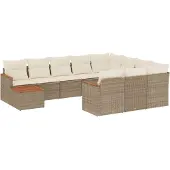 vidaXL 11-tlg. Garten-Sofagarnitur mit Kissen Beige Poly Rattan