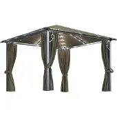 Syfax Pavillon mit Vorhängen & LED-Lichterkette 300x300 cm Taupe Alu
