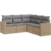 vidaXL 5-tlg. Garten-Sofagarnitur mit Kissen Beige Poly Rattan