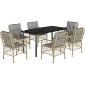 vidaXL 7-tlg. Garten-Essgruppe mit Kissen Beigemischung Poly Rattan