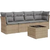 vidaXL 5-tlg. Garten-Sofagarnitur mit Kissen Beige Poly Rattan