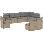 vidaXL 10-tlg. Garten-Sofagarnitur mit Kissen Beige Poly Rattan