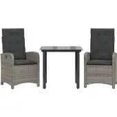 vidaXL 3-tlg. Garten-Essgruppe mit Kissen Grau Poly Rattan