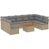 vidaXL 10-tlg. Garten-Sofagarnitur mit Kissen Beige Poly Rattan