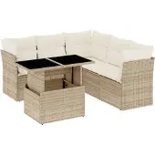 vidaXL 6-tlg. Garten-Sofagarnitur mit Kissen Beige Poly Rattan