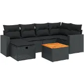 vidaXL 7-tlg. Garten-Sofagarnitur mit Kissen Schwarz Poly Rattan