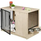 Relaxdays Hundekäfig, für Zuhause, HBT: 65,5x102x60 cm, 2 drehbare Näpfe, Hundebox Holzoptik, MDF & Stahl, grau/schwarz