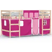 Syfax Kinderhochbett mit Vorhängen Rosa 90x190 cm Massivholz Kiefer
