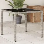ZMH Gartentisch mit Glasplatte Hellgrau 90x90x75 cm Poly Rattan