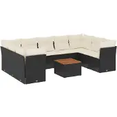 vidaXL 10-tlg. Garten-Sofagarnitur mit Kissen Schwarz Poly Rattan