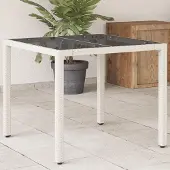 ZMH Gartentisch mit Glasplatte Weiß 90x90x75 cm Poly Rattan