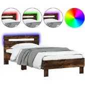 vidaXL Bettgestell mit Kopfteil und LED-Leuchten Räuchereiche 90x200cm