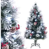 Costway Weihnachtsbaum künstlich 150cm mit Tannenzapfen & Beeren, Tannenbaum mit Schnee, kaltweißen LEDs, Glasfaser & Sternspitze, 8 Modi Grün Weiß