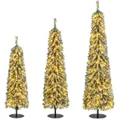 Costway 3er Set Bleistift Weihnachtsbaum Künstlich, 120+150+180cm, Tannenbaum mit Schnee & LED-Lichtern, Kunstbaum Christbaum Grün + Weiß