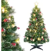 Costway 150cm Weihnachtsbaum künstlich mit Tannenzapfen, Petroleumlampen & roten Beeren, Tannenbaum mit LEDs, 8 Modi, Glasfaser & Sternspitze, Grün