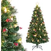 Costway 180cm Weihnachtsbaum künstlich mit Tannenzapfen, Petroleumlampen & roten Beeren, Tannenbaum mit LEDs, 8 Modi, Glasfaser & Sternspitze, Grün
