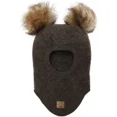 Mikk-Line Schlupfmütze Merinowolle mit Bommeln, Dark Brown Melange, 74-80
