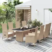 vidaXL 9-tlg. Garten-Essgruppe mit Kissen Beige Poly Rattan , Gartenstühle Design 2024