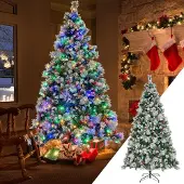 Costway 210cm Künstlicher Weihnachtsbaum LED, beleuchteter Tannenbaum mit Kiefernzapfen & roten Beeren & Metallständer, 11 Lichtmodi, Christbaum PVC Kunstbaum Weihnachten, grün