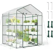 Costway 139x144x195 cm Gewächshaus, begehbares Foliengewächshaus mit 8 Regalen, PVC-Abdeckung&Metallrahmen, Tomatenhaus Tomatengewächshaus für Gemüse