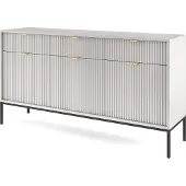 Bettso Groß Geriffelt Kommode 3 Türen und 3 Schubladen Highboard Goldgriffe Glamour NOVA 154 cm Grau auf Schwarzbeinen
