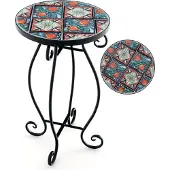 Costway Beistelltisch 30x50cm, Mosaiktisch Rund, Gartentisch Bistrotisch, aus Metall, Keramik, Bunt
