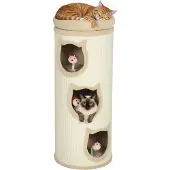 PawHut Kratztonne 96 cm hoch Katzentonne mit 3 Höhlen und Hängespielzeug Creme