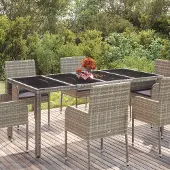 ZMH Gartentisch mit Glasplatte Grau 190x90x75 cm Poly Rattan