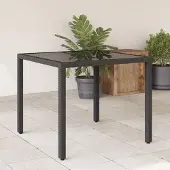 ZMH Gartentisch mit Glasplatte Schwarz 90x90x75 cm Poly Rattan