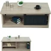 Mendler Couchtisch MCW-K75, Beistelltisch Wohnzimmertisch, Schiebetüre 6 Staufächer, Holz-Optik Metall 44x120x60cm naturfarben