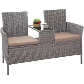 Mendler Poly-Rattan Sitzbank mit Tisch MCW-E24, Gartenbank Sitzgruppe Gartensofa, 132cm grau, Kissen creme