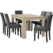 En.casa [] Esstisch Eiche hell mit 6 Stühlen dunkelgrau Kunstleder gepolstert 140x90 Essgruppe Esszimmer