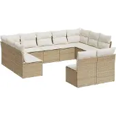 vidaXL 11-tlg. Garten-Sofagarnitur mit Kissen Beige Poly Rattan