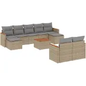 vidaXL 10-tlg. Garten-Sofagarnitur mit Kissen Beige Poly Rattan
